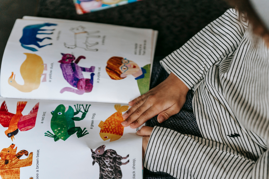 Child reading a vibrant animal picture book — great for thematic units like pets, safari animals, or farm life, tying into colouring and recognition activities.