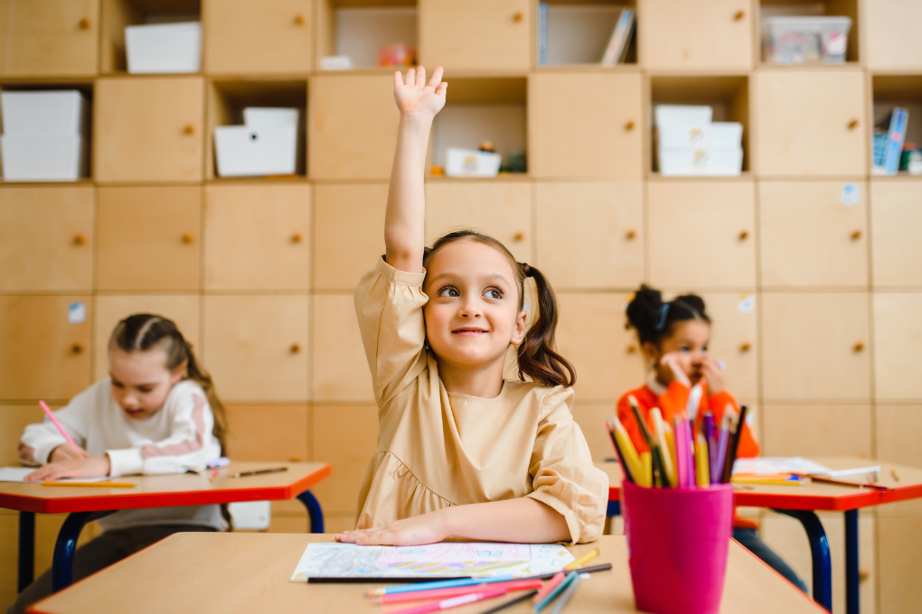 Young student raising hand in class — ideal for reinforcing classroom routines such as early finisher tasks or creative activity breaks using printable colouring pages.